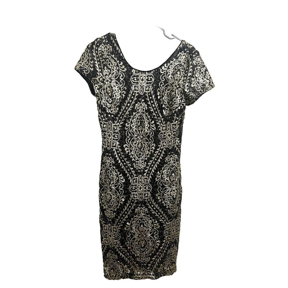 Maia Womens Sequin Black & Gold Mini Dress Short Sleeve 6 Medium ALL OVER SEQUIN